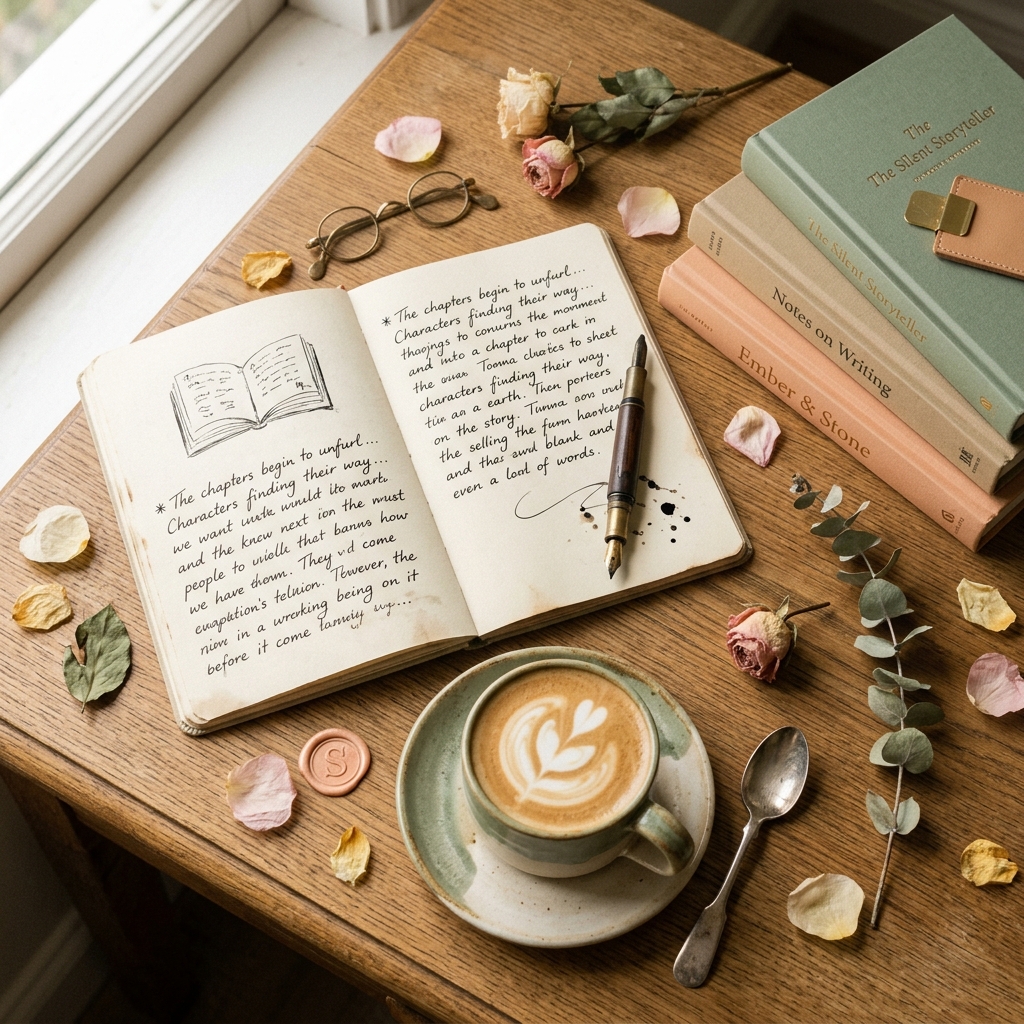 A cozy writing desk with notebook, pen, and coffee — Brianna Prisa's creative space